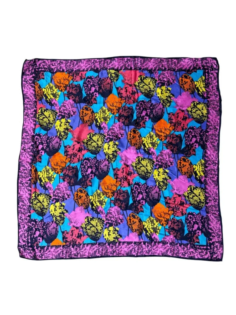 Silk Scarf Japan Pop Art Tulip Floral 1980s Vintage Purple Navy Neon Flowers
